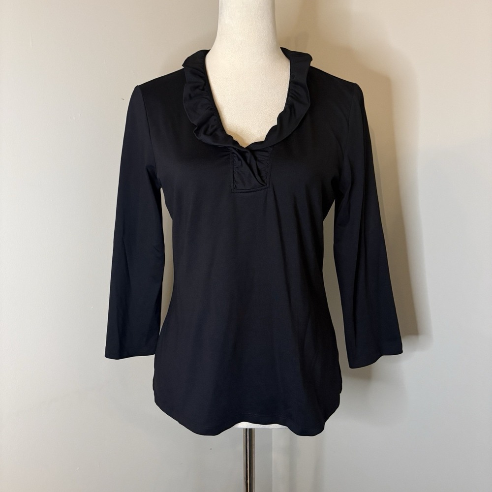 J. McLaughlin Durham Black Ruffle V-Neck Catalina Cloth Top 3/4 Sleeve Medium